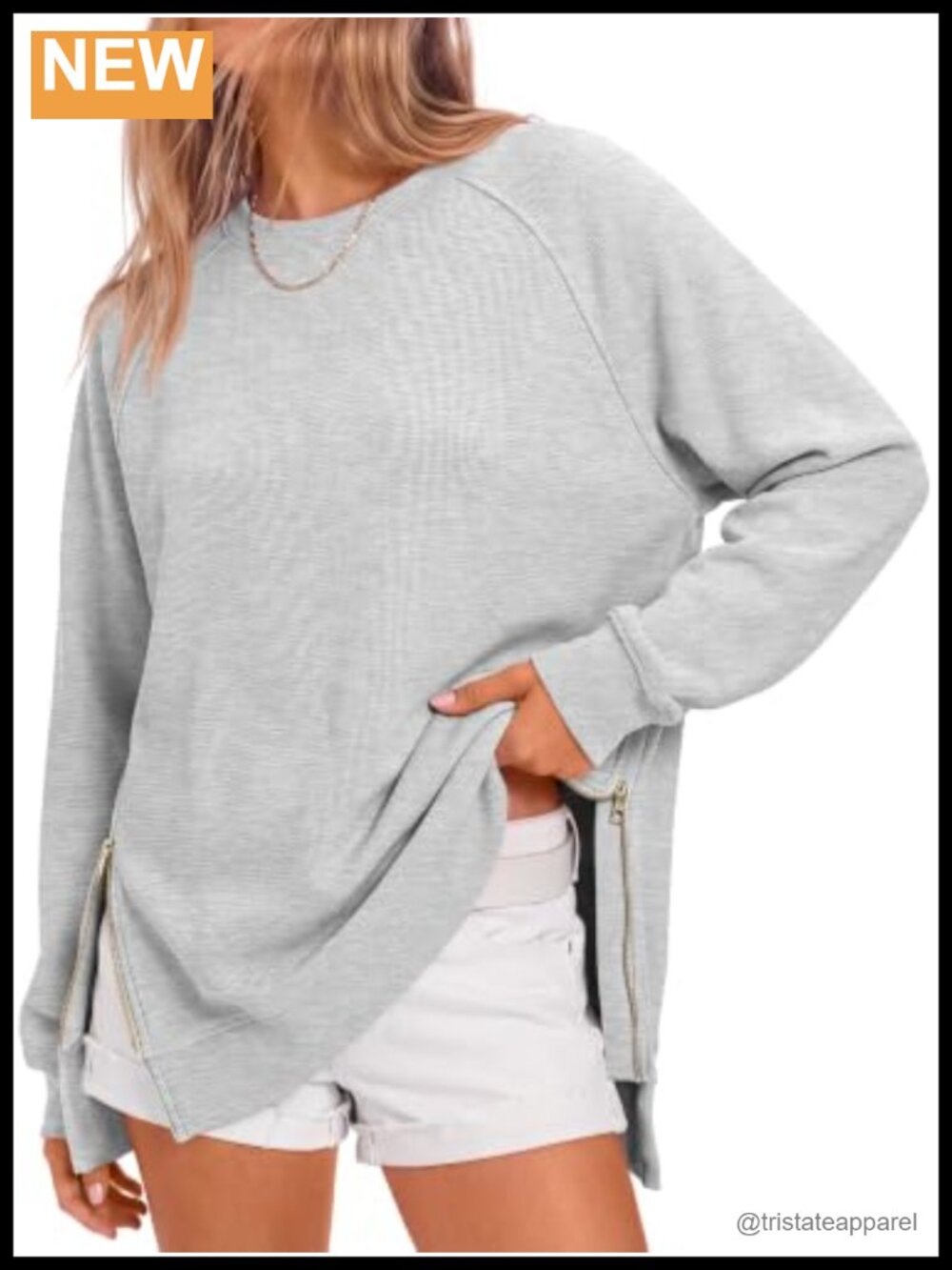 Oversized Crewneck Tunic Sweatshirt Side Zip Relaxed Fit Pullover Long Sleeve